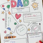 All about my dad coloring page that has been filled out and colored in with markers next to it.