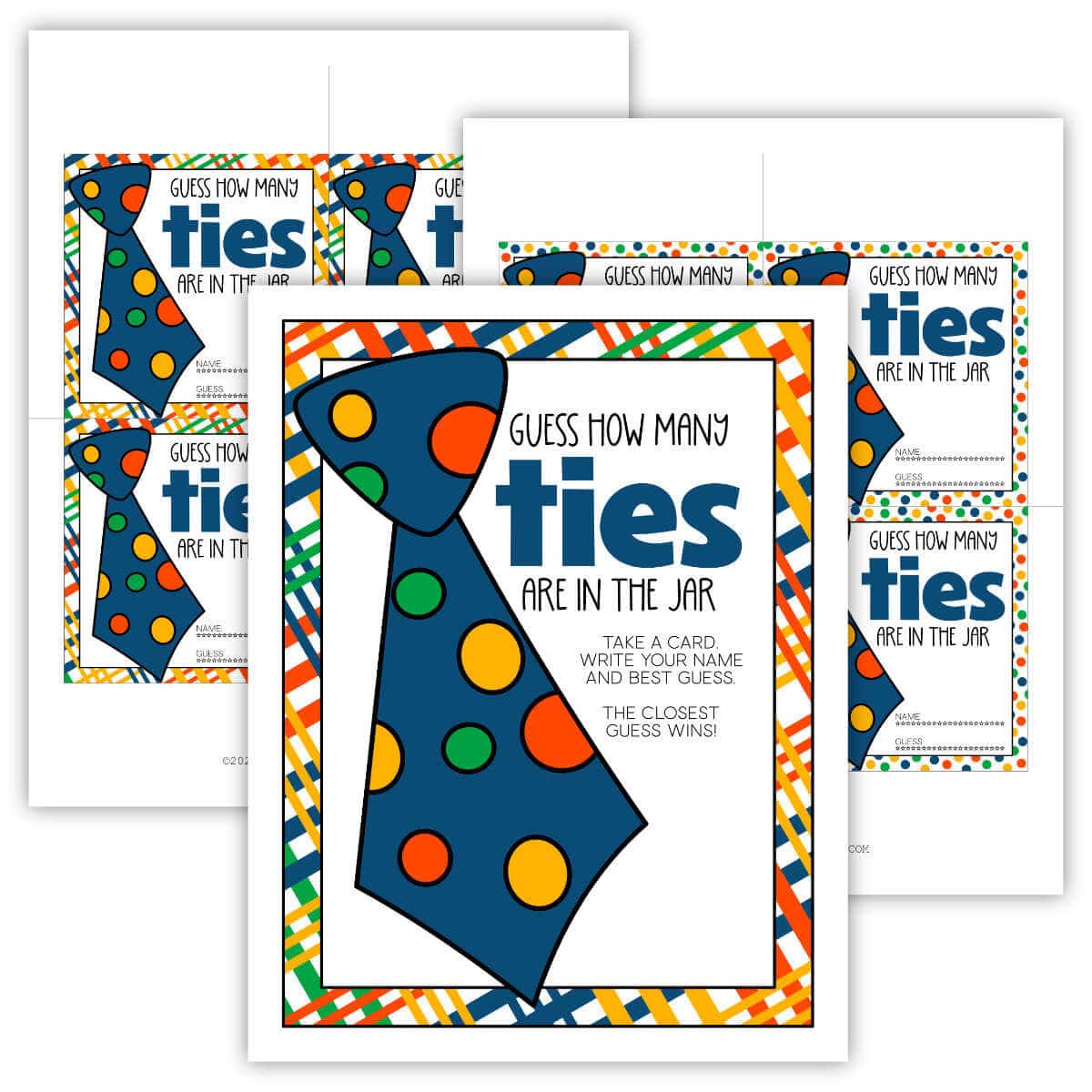 Guess How Many Ties Are In The Jar game printable sign with printable guess cards.