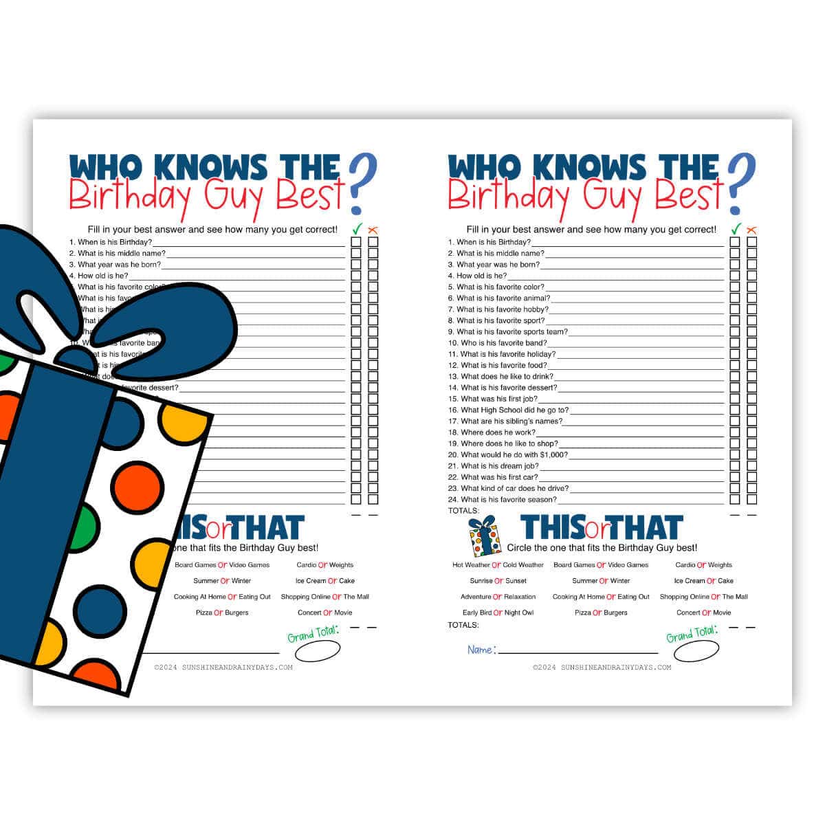 Who Knows The Birthday Guy Best printable game sheet with two games on the page and clipart of a Birthday present.