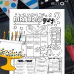Image of a Who Knows The Birthday Guy Best printable game with a colorful banner hanging in the background and a clipart Birthday cake in front.