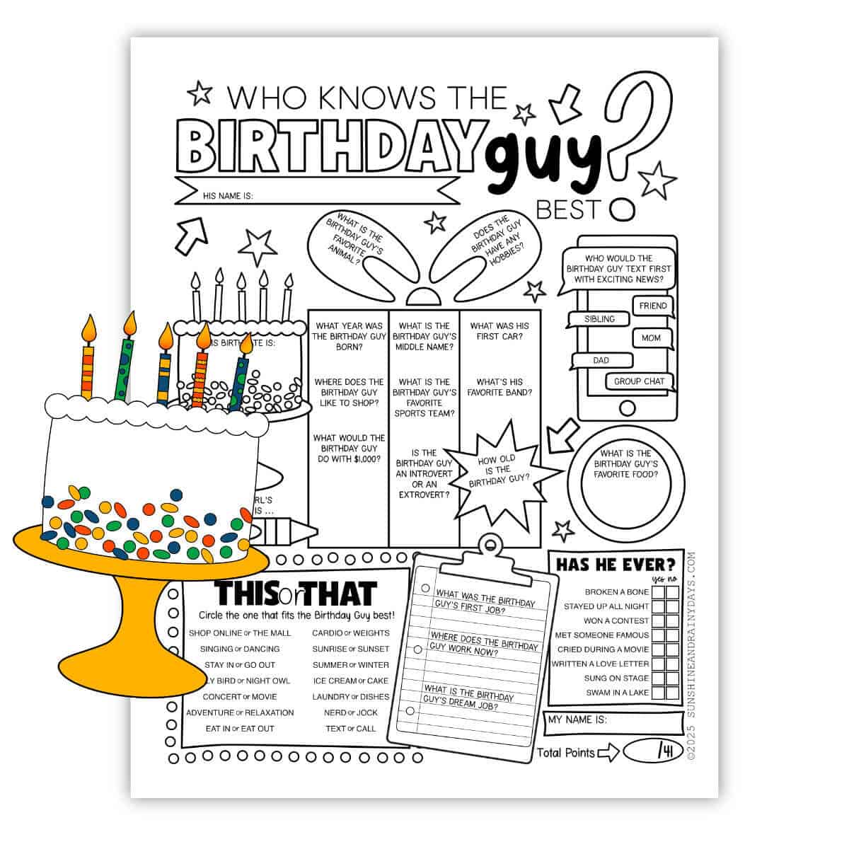Printable Birthday party game sheet to play Who Knows The Birthday Guy Best with a clipart Birthday cake in front.