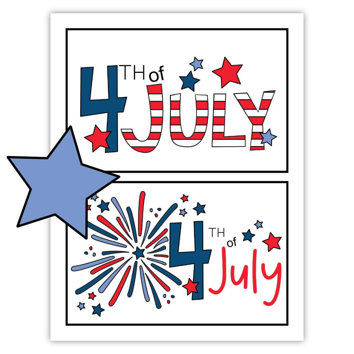 Two 4th of July storage box labels on one printable page with a blue star clipart on top.