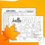 Image of a printable fall activity sheet with a crossword puzzle, word search, etc.