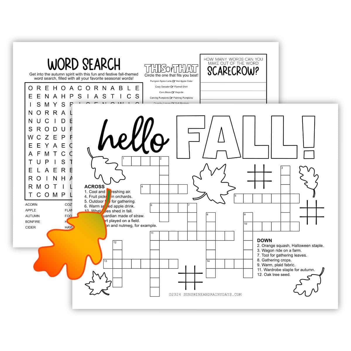 Image of a two-sided fall activity sheet you can print at home.