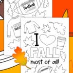 Image of Fall Printable Coloring Pages with footballs, sweaters, and cozy drinks.