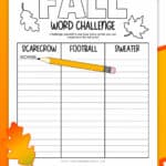 Picture of a printable Fall Word Challenge with the words: Scarecrow, Football, and Sweater.