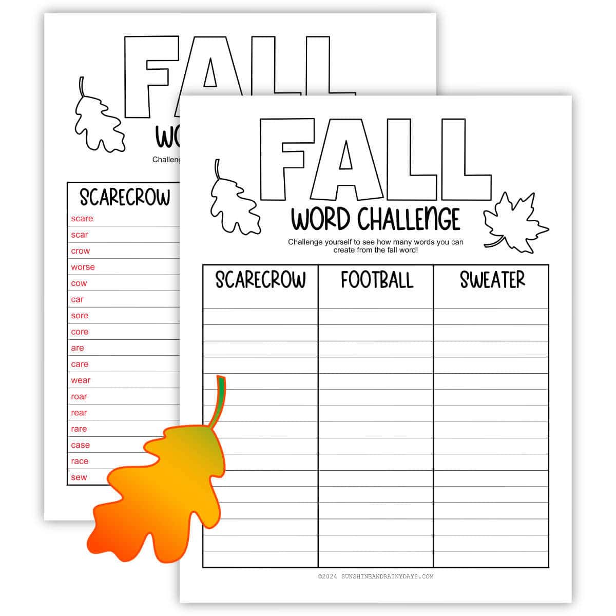 Printable Fall Word Challenge sheet with answer sheet.