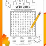 Printable Fall word search page with a clipart pencil and fall leaves.