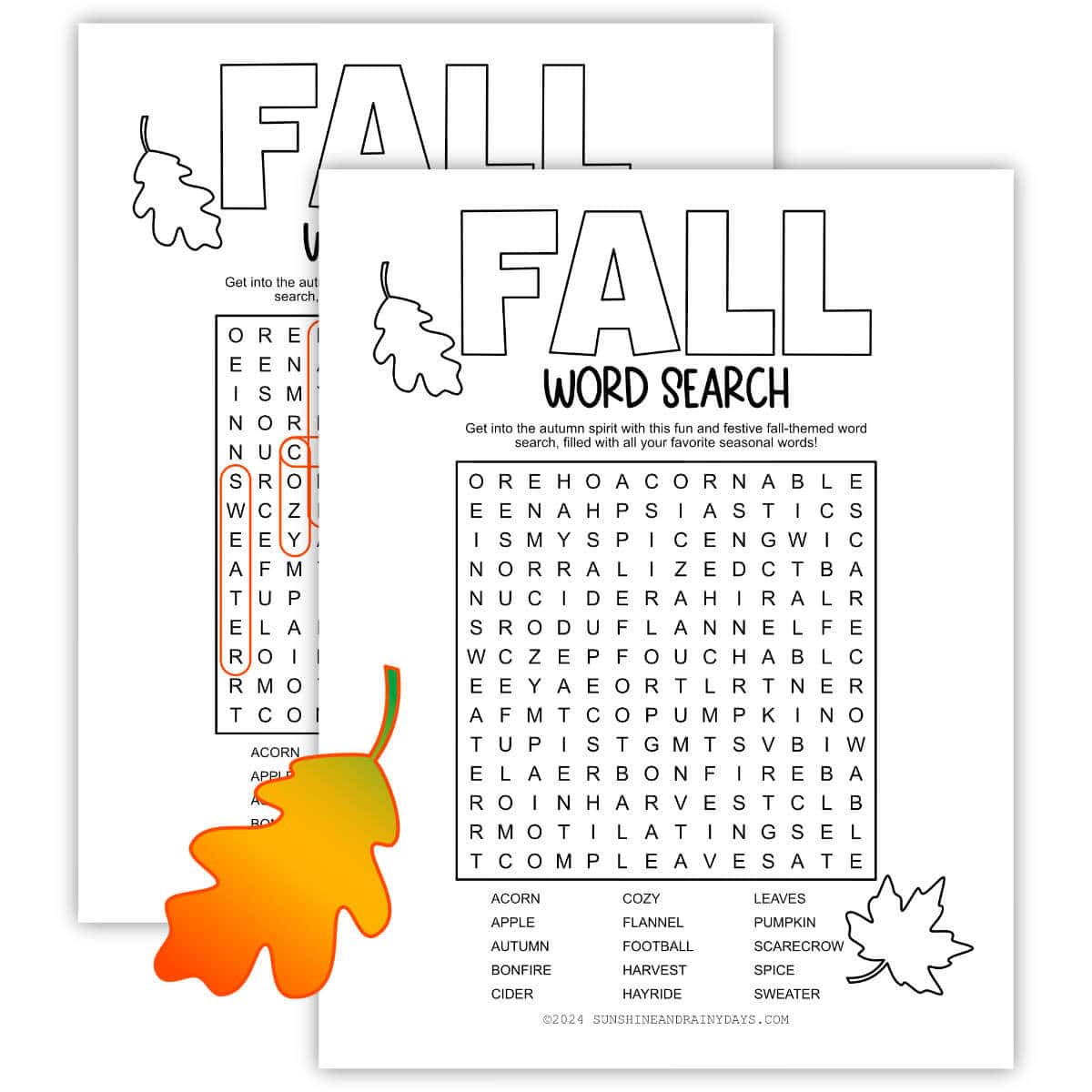 Printable Fall word search with an answer key.