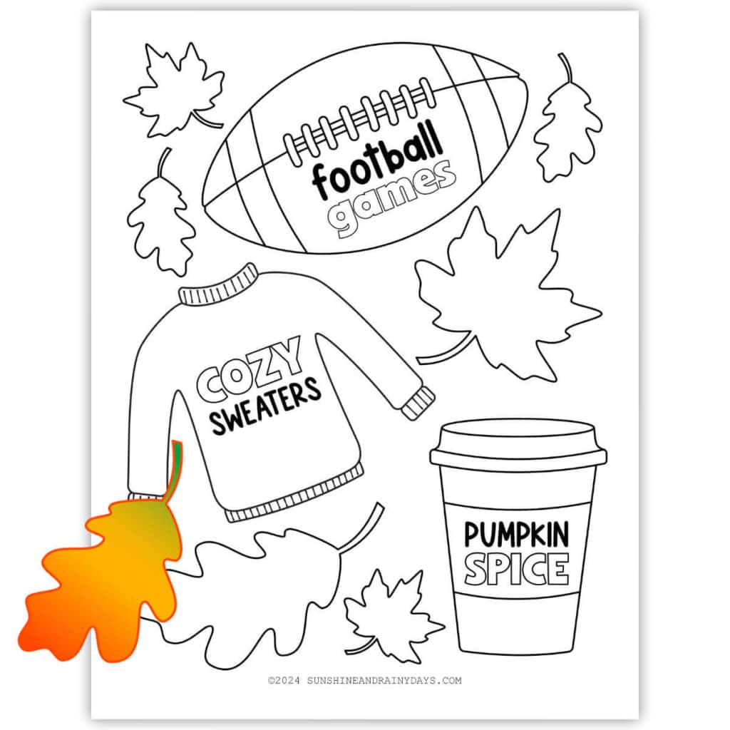 Image of Football Games, Cozy Sweaters, and Pumpkin Spice printable coloring page for fall.