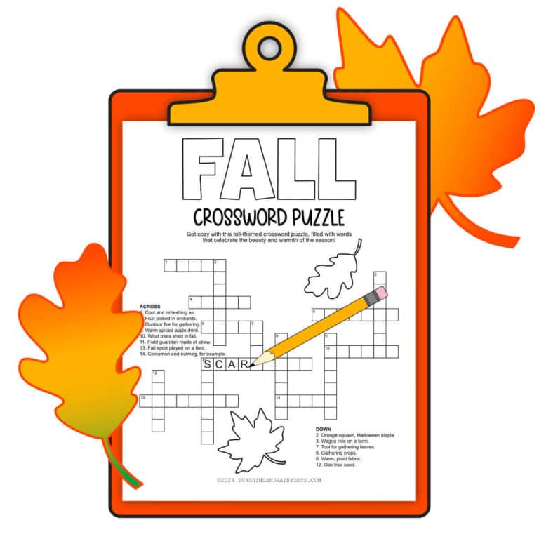 Printable Fall Crossword Puzzle on a clipboard with fall leaves around it.