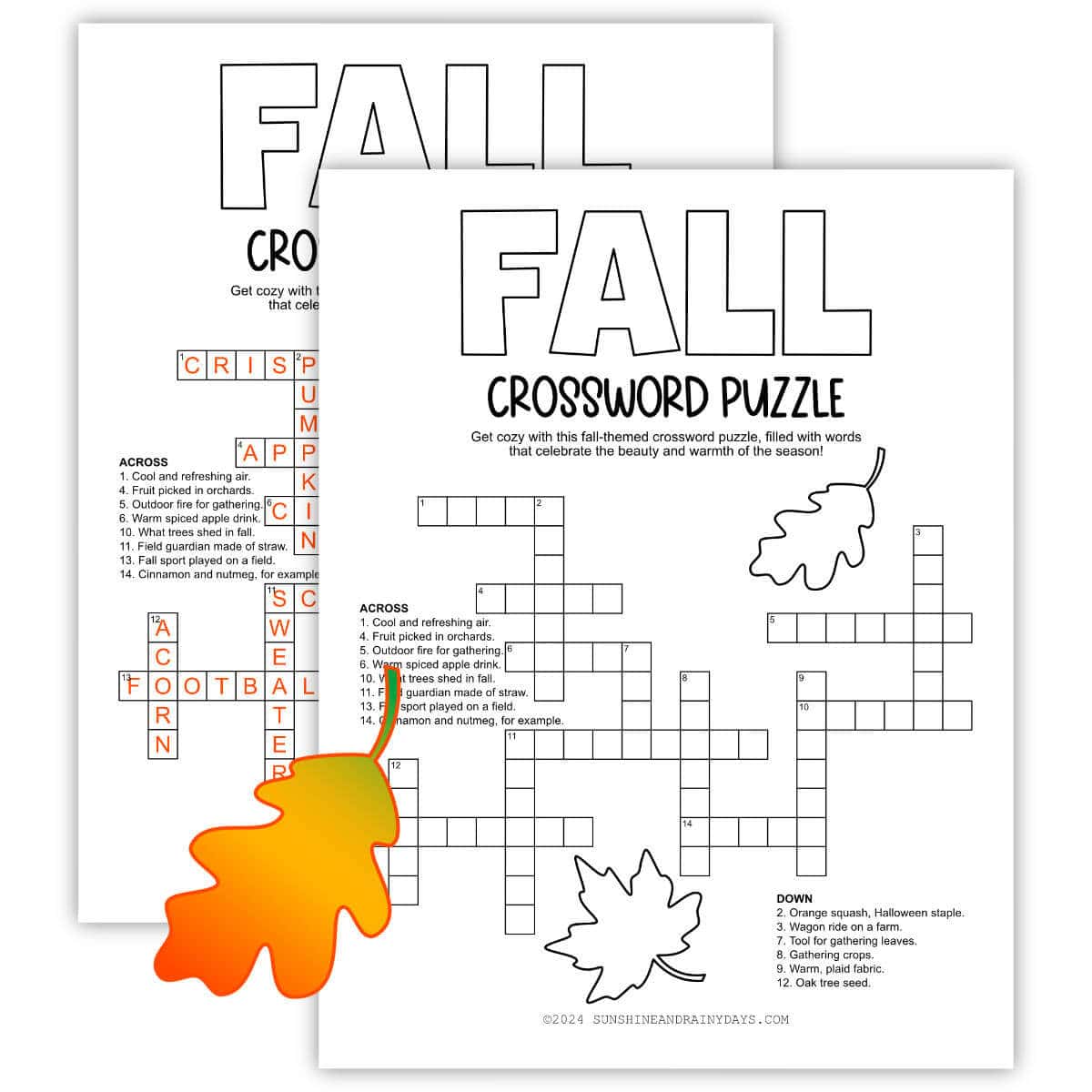 Printable Fall Crossword Puzzle with an answer sheet.