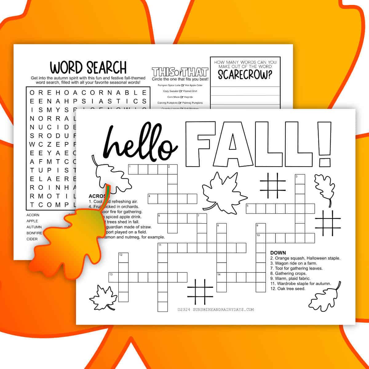 Image of a two-sided printable fall activity sheet.