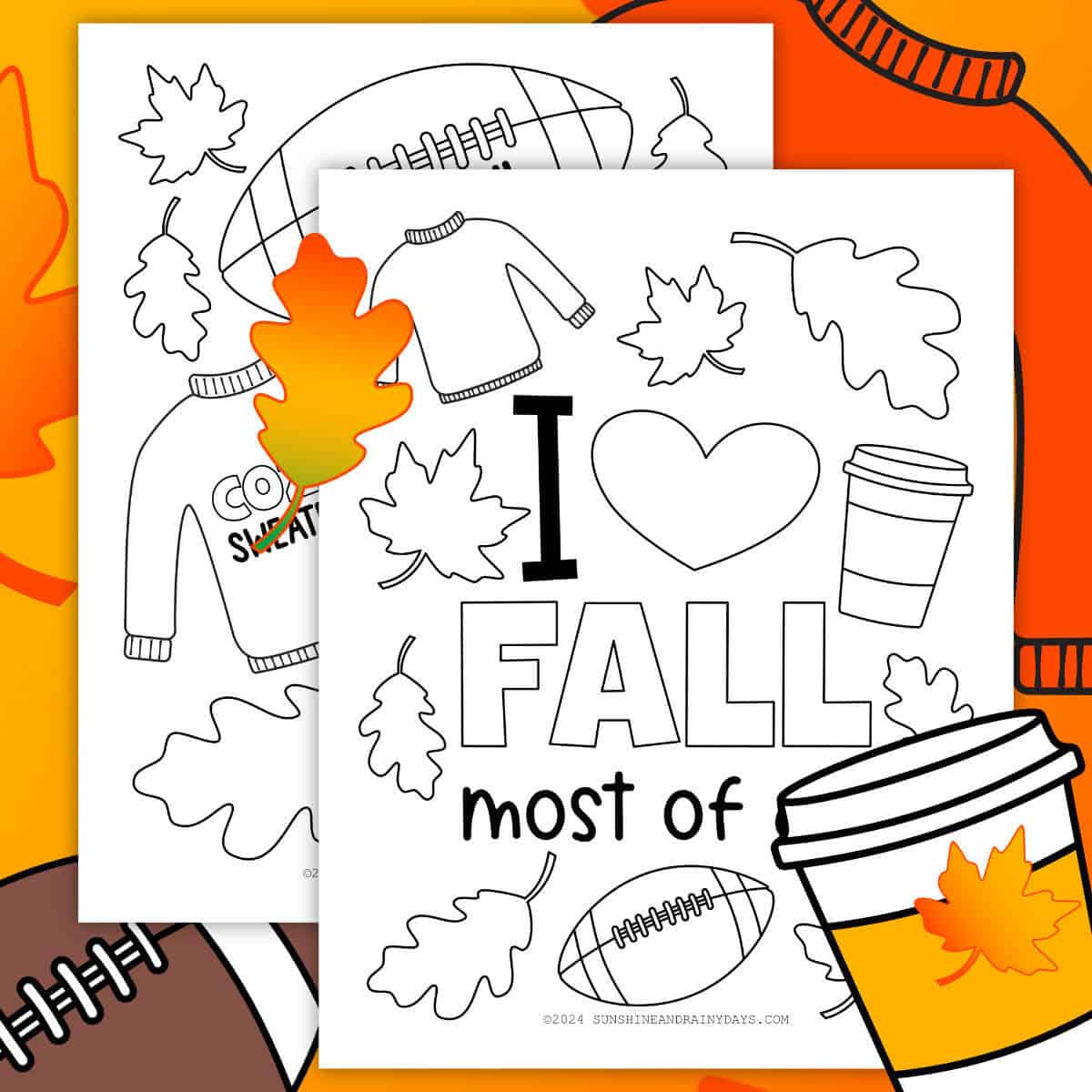 Image of two printable fall coloring pages with footballs, sweaters, and cozy drinks.