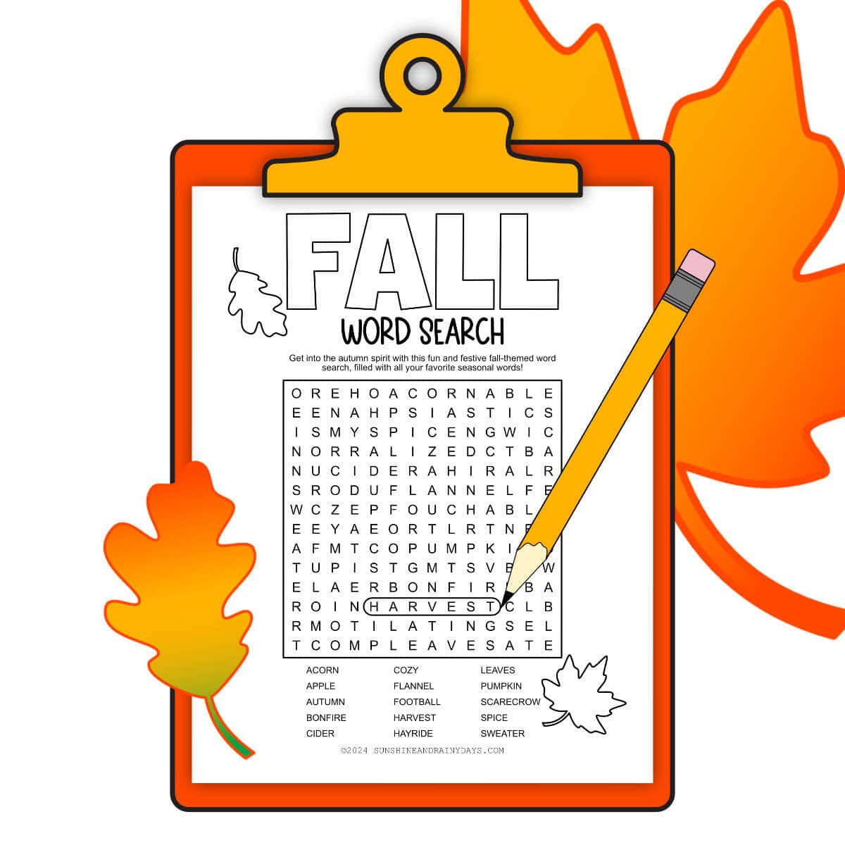 Printable Fall word search on a clipart clipboard with a pencil and fall leaves.