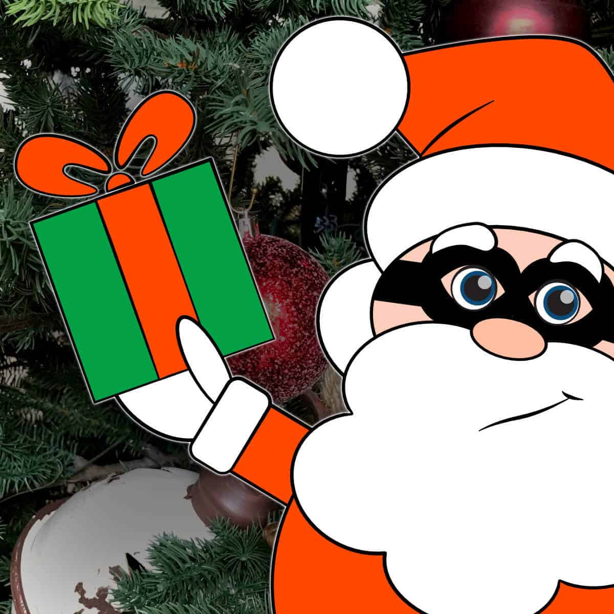 Clipart Santa holding a gift with burglar glasses on.