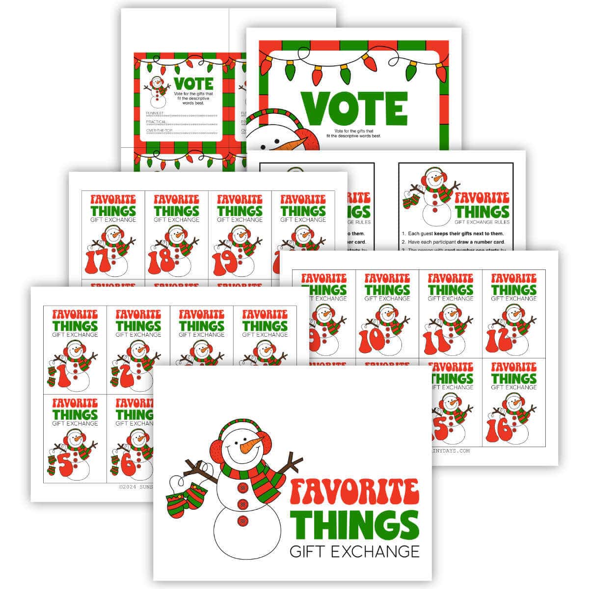 Printable Favorite Things Gift Exchange numbers and voting cards.