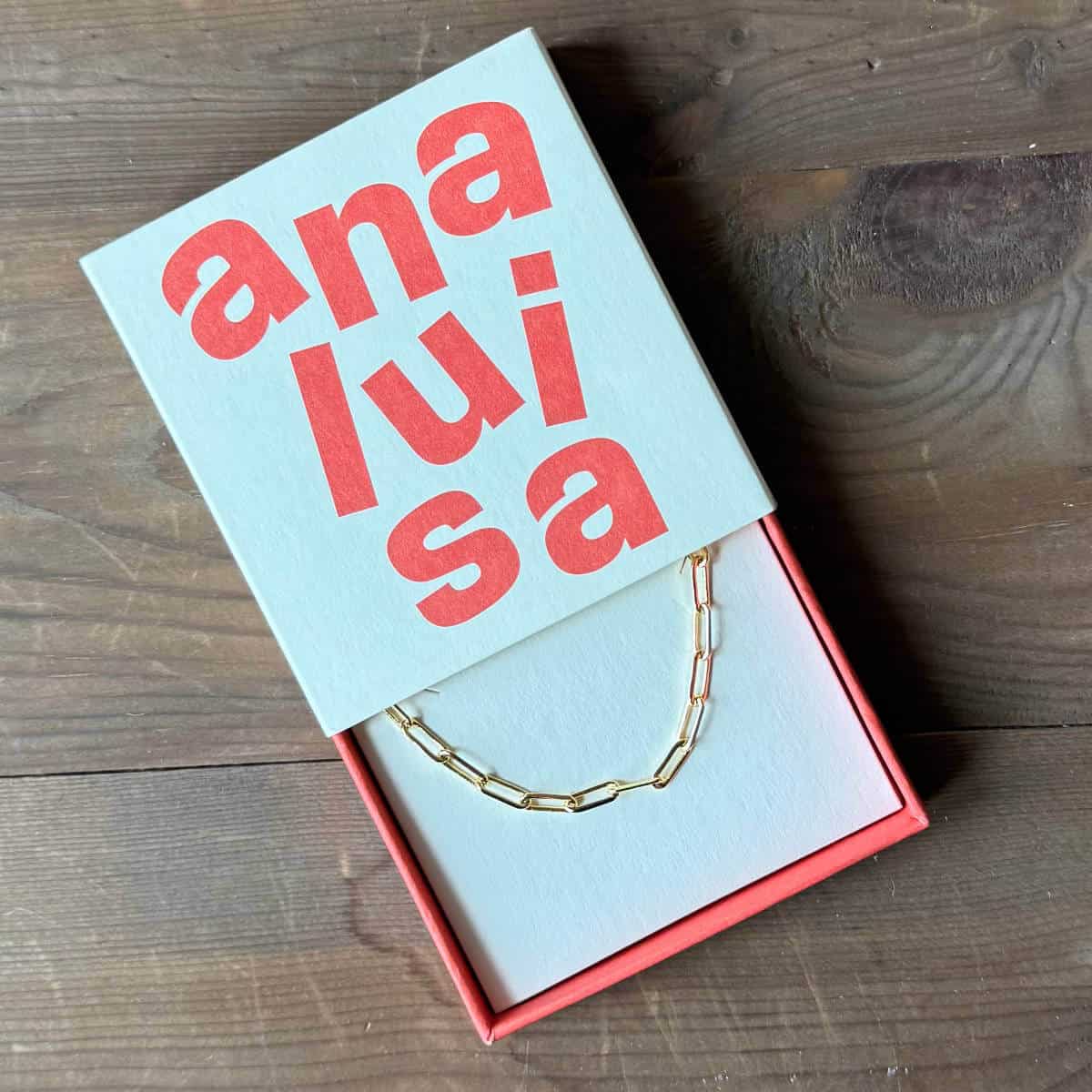 Ana Luisa paperclip necklace in its original box.