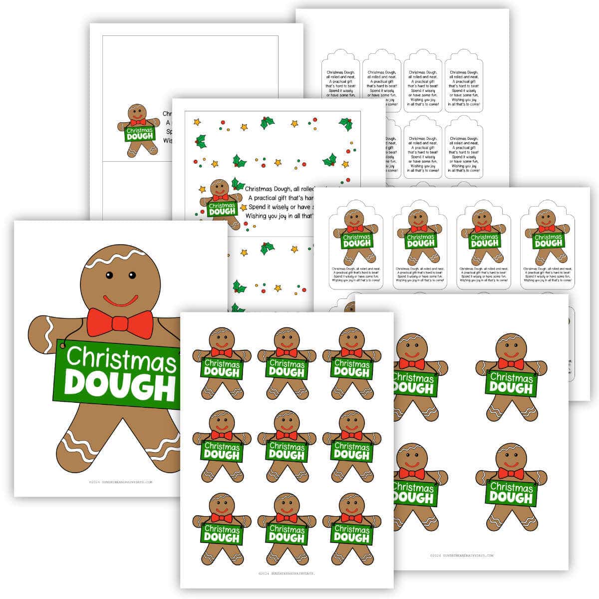 Printable pages of gingerbread men Christmas dough tags for money gifts.