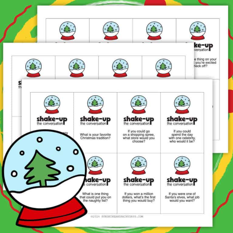 Printable pages with game cards for the Shake-Up The Conversation Christmas Game.