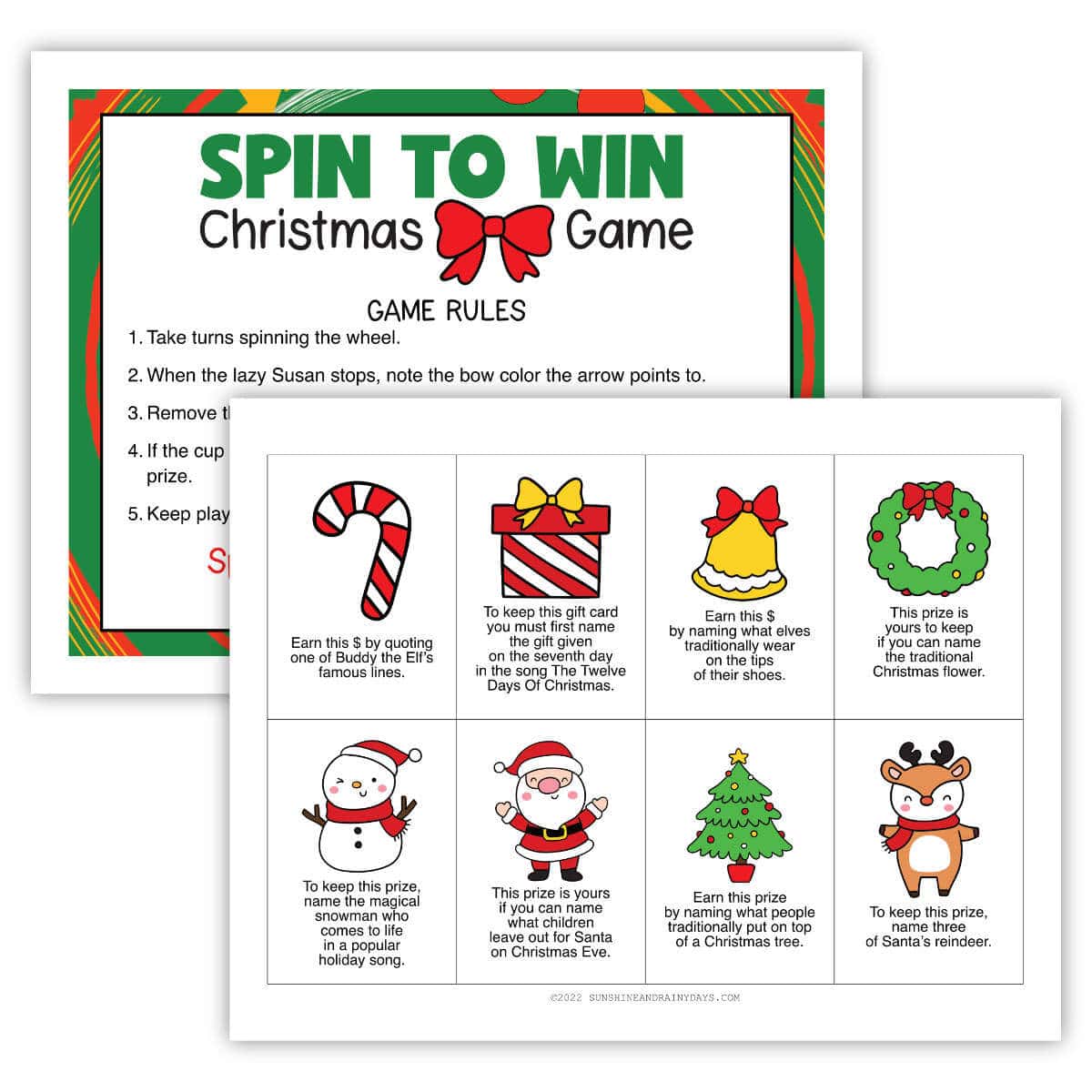 Two pages for a Spin To Win Christmas Bow Game.