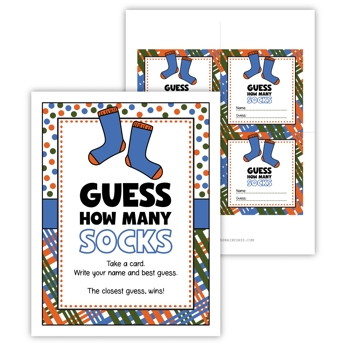 Printable Guess How Many Baby Boy Socks shower game sign and guessing cards.