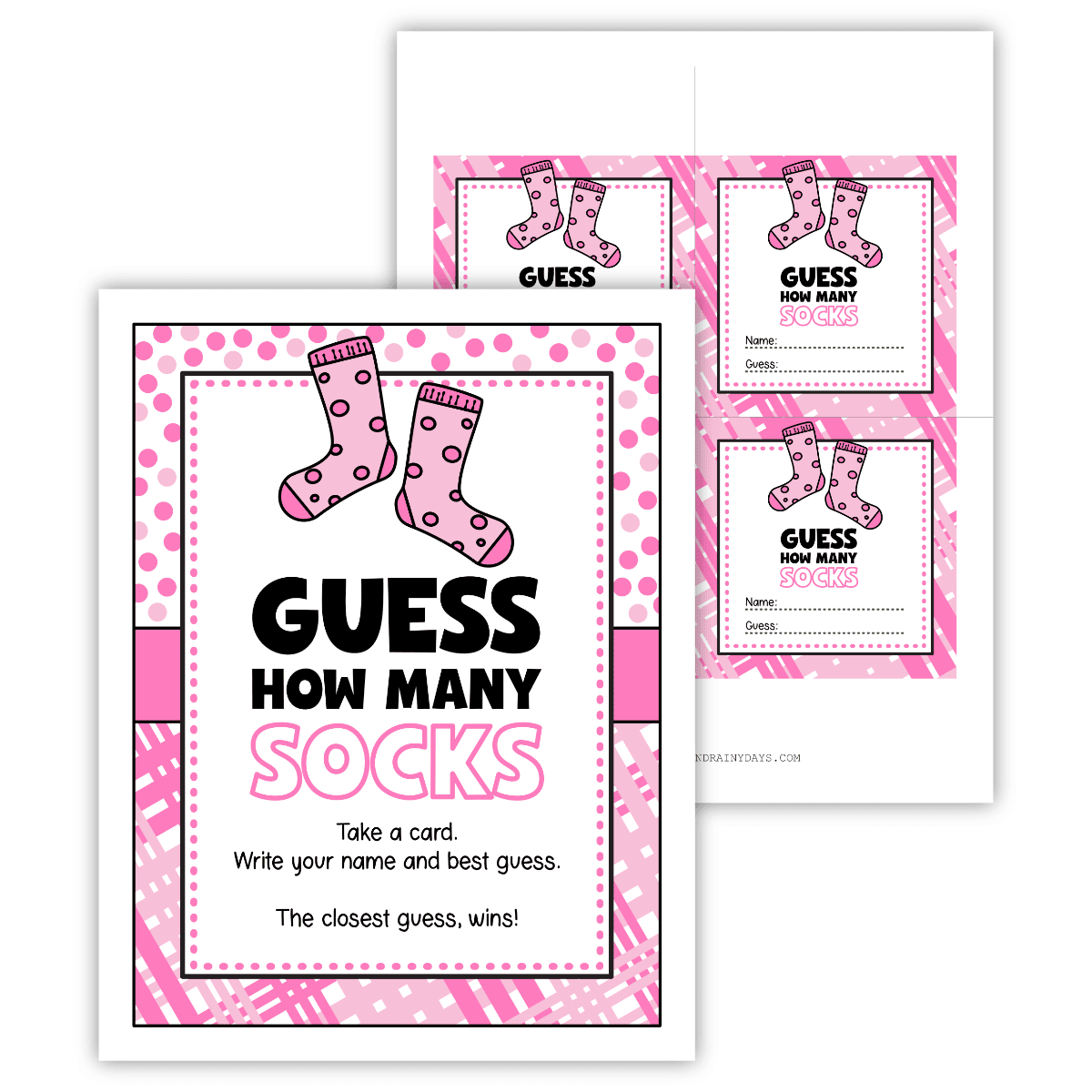 Two printable pages for a Guess How Many Baby Girl Socks game for baby showers.