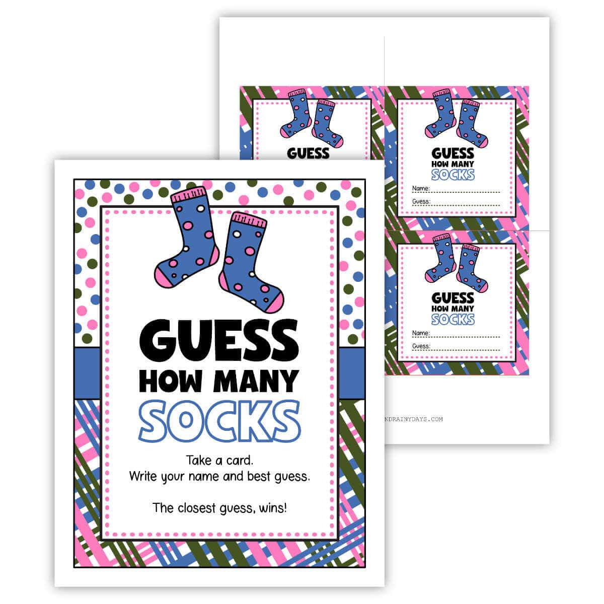 Two-page printable for a Guess How Many Socks gender reveal game.