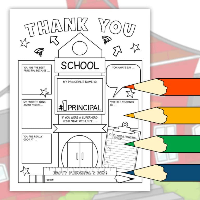Image of a School Principal's Day Thank You Printable with clip art colored pencils in front.