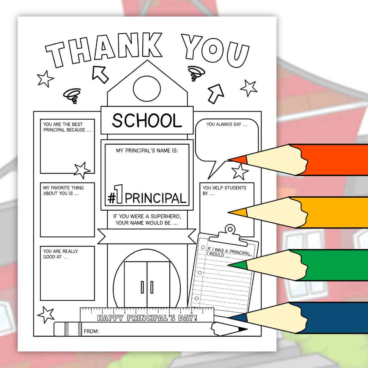Image of a School Principal's Day Thank You Printable with clip art colored pencils in front.