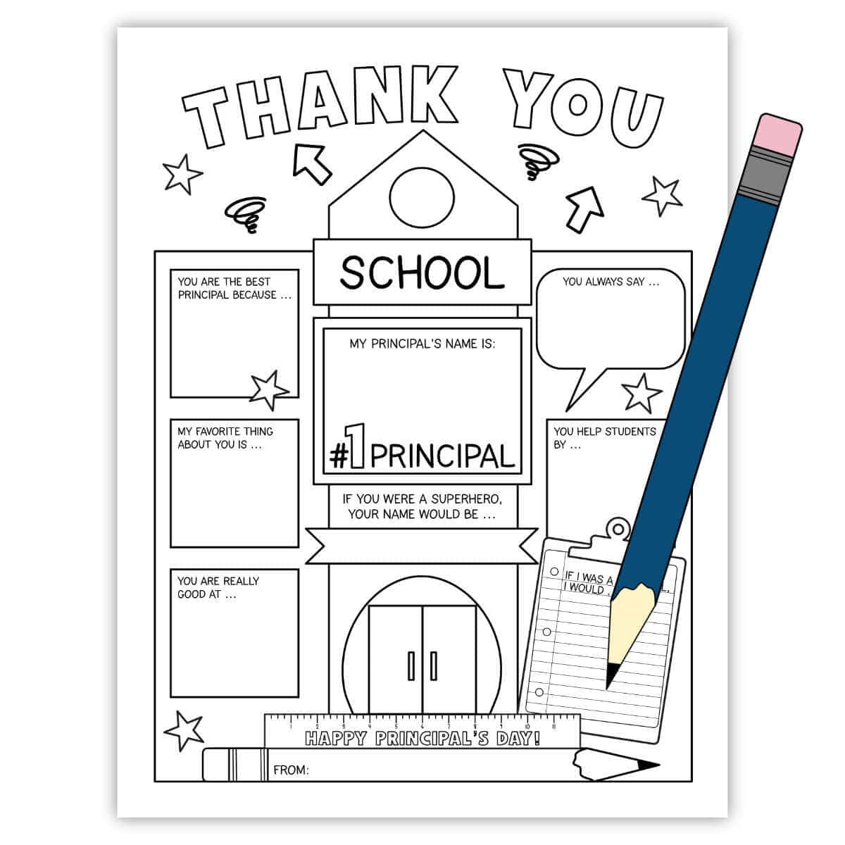 Image of a printable page that says Thank You and has space for a student to write in things about their principal for School Principal's Day.