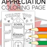 Image of a Thank You printable for School Principal's Day with a clip art school in back and clip art colored pencils in front.