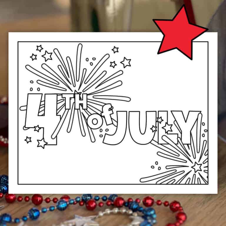 Image of a 4th of July coloring page with a photo of red, white, and blue patriotic necklaces in the background.