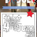 Image of a printable 4th of July coloring page with a photo of a festive background behind it.