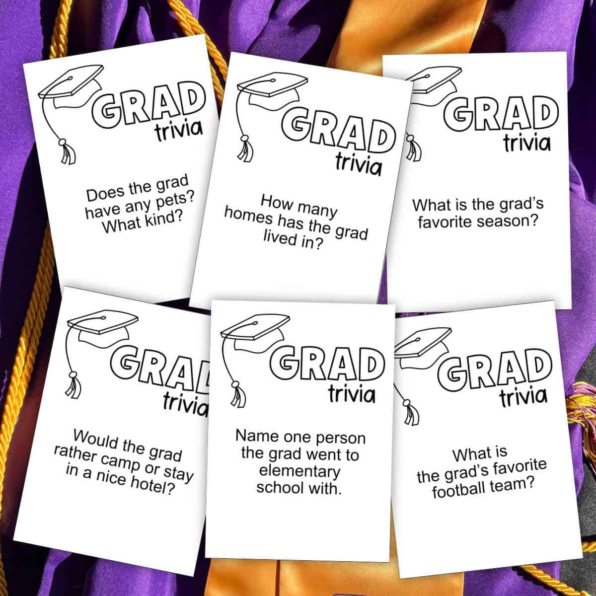 Image of six Grad Trivia Cards with a cap and gown in the background.