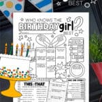 Image of a printable game sheet with a Birthday banner in the background and clipart Birthday cake in front.