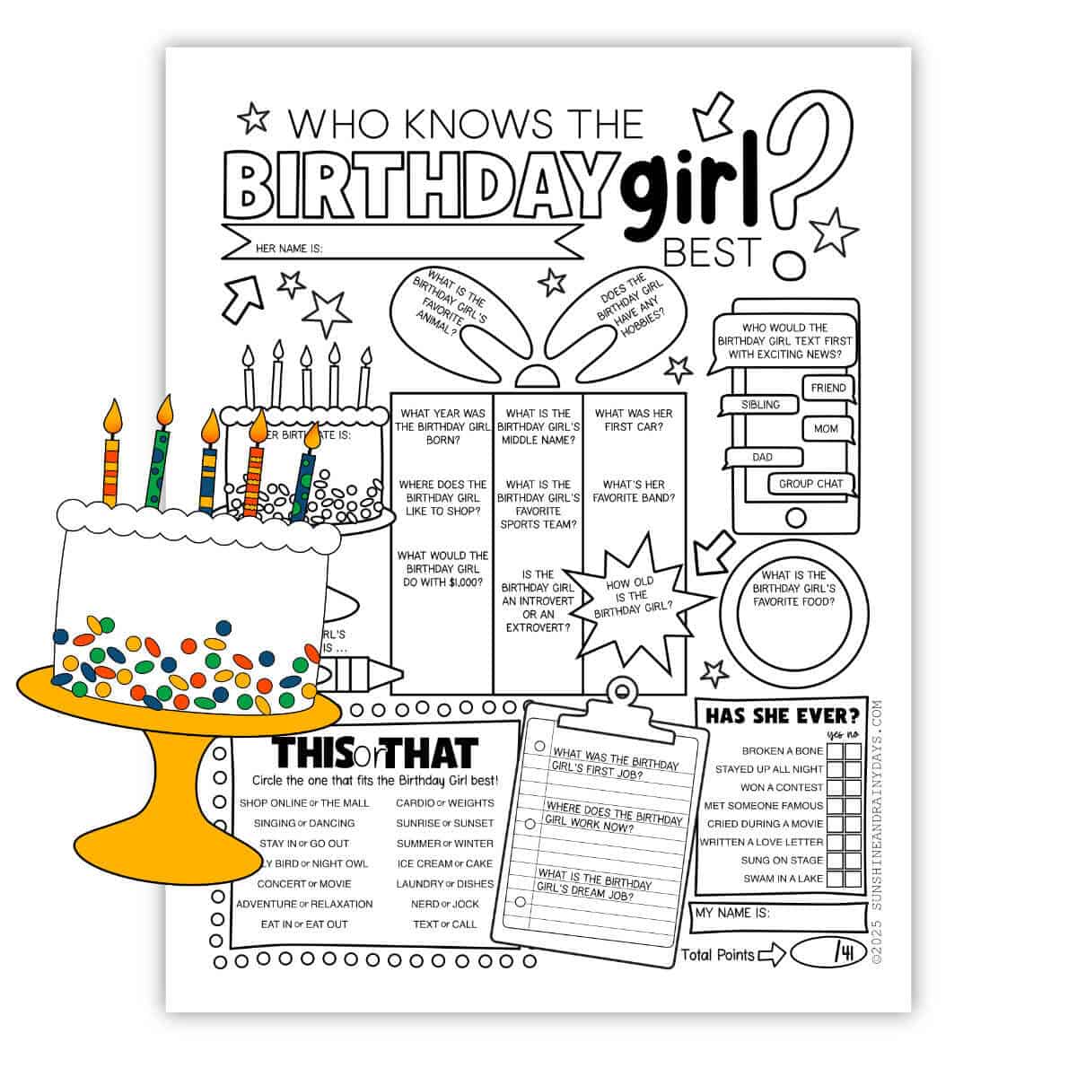 Printable Who Knows The Birthday Girl Best sheet with a clipart Birthday cake in front.