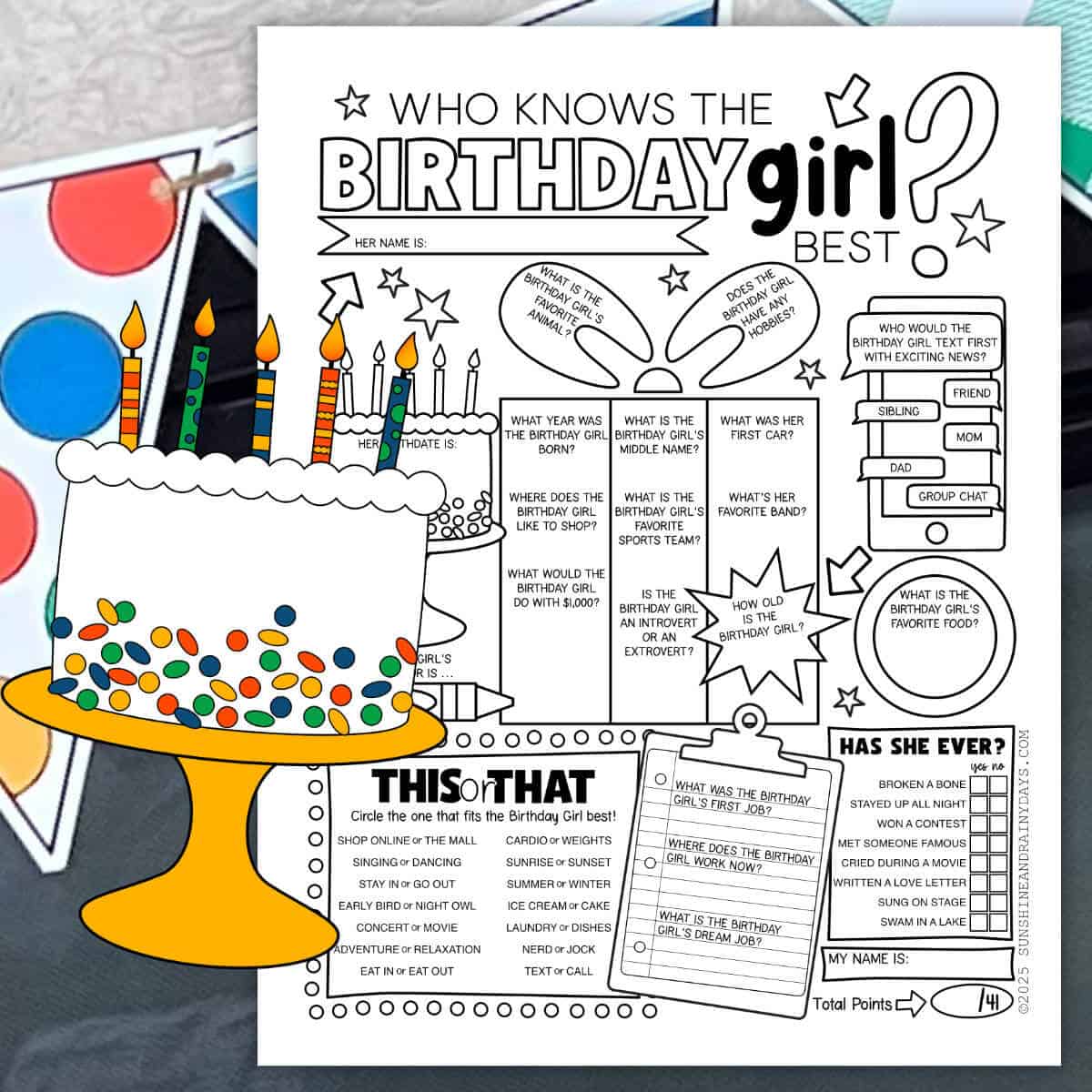 Image of a Who Knows The Birthday Girl Best game sheet with a festive banner behind it and a clipart Birthday cake in front.