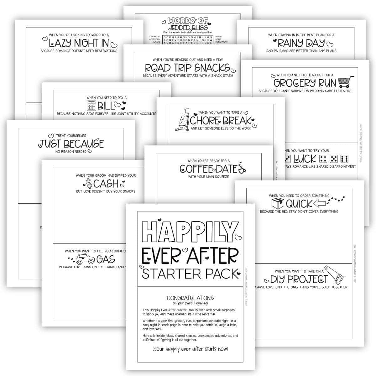 Printable black and white pages for a Newlywed Gift Card Book.