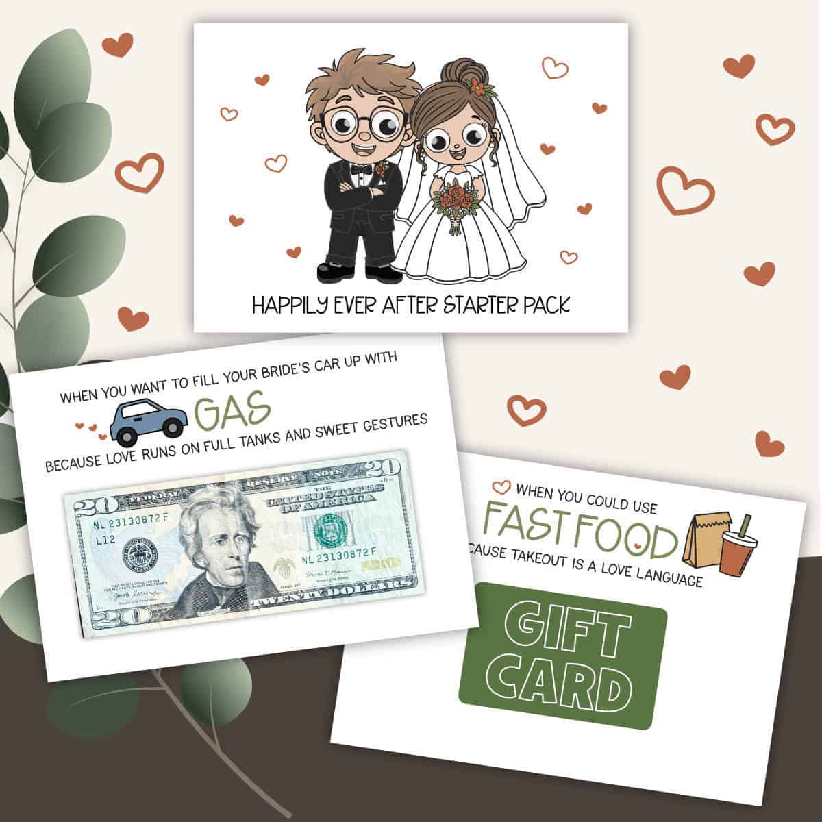 Image of three pages from a newlywed gift card book with hearts and greenery around the pages.