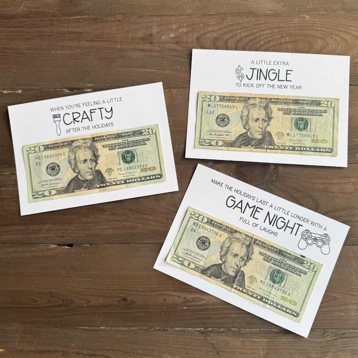 Three pages from a Christmas gift card book that have money on them instead of gift cards.