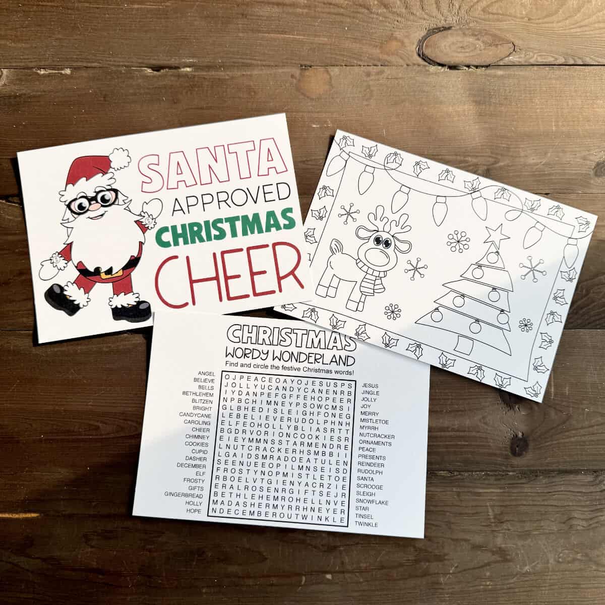 Image of three printable pages. One is a cover page and the other are Christmas activity pages.