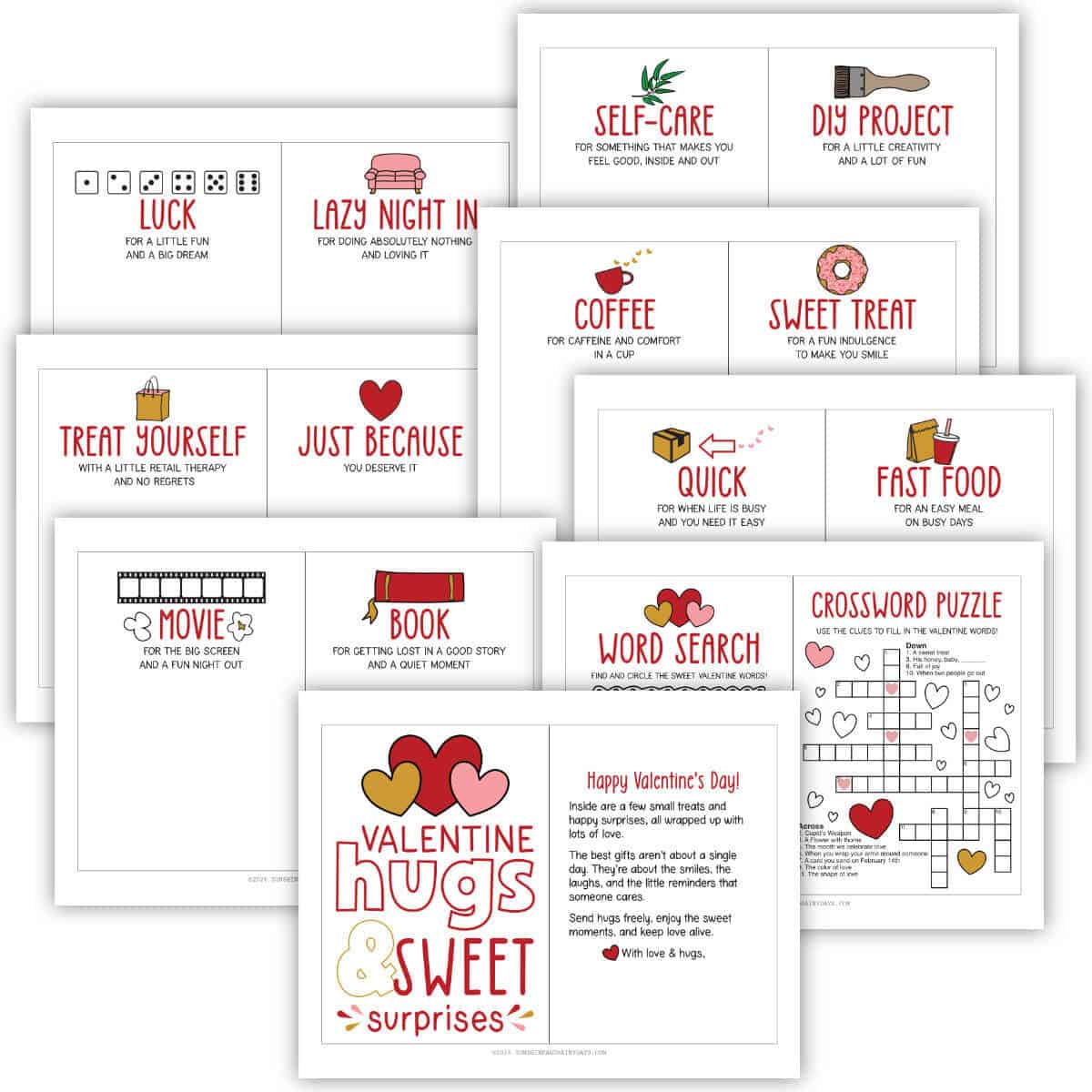 Image of printable pages for a Valentine Gift Card Book.