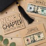 Image of three pages for a Graduation Gift Card Book with a graduation cap nearby.