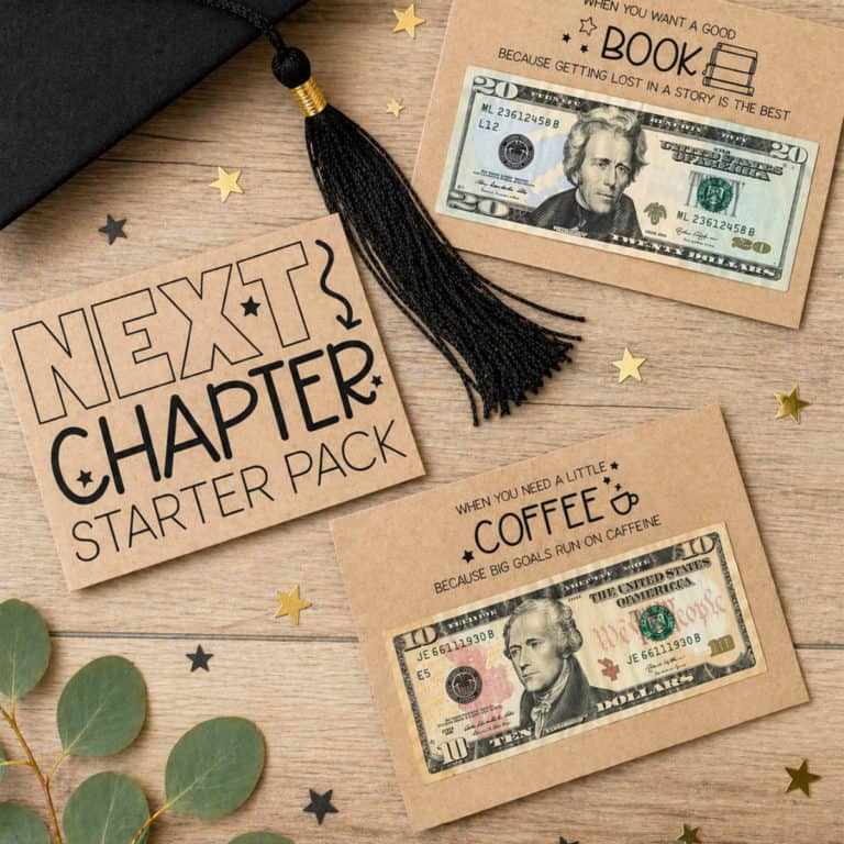 Image of three pages for a Graduation Gift Card Book with a graduation cap nearby and stars scattered throughout.