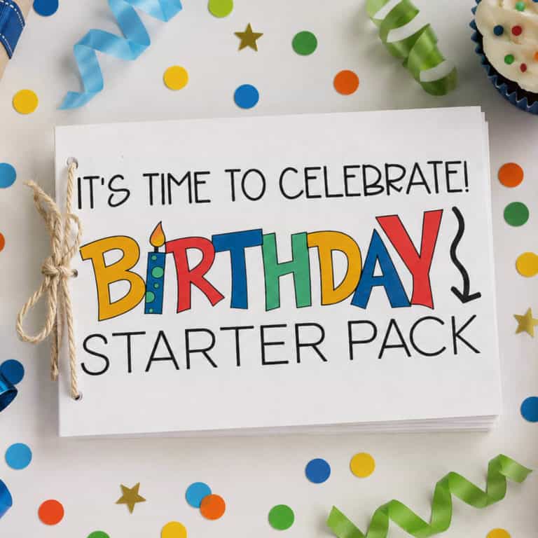 Image of a printable Birthday book bound with yarn and confetti and streamers around it.