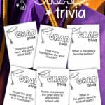 Image of six Grad Trivia Cards with a purple grad gown in the background.