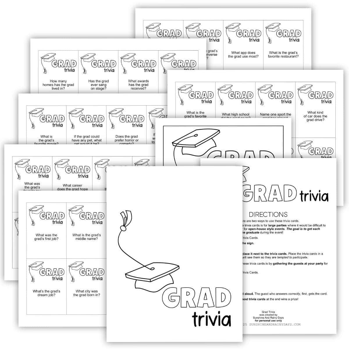 Image of printable pages with Grad Trivia Questions on them.