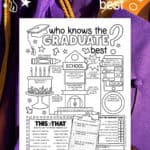 Image of a graduation gown in the background with a printable page of a graduation party game in the front.