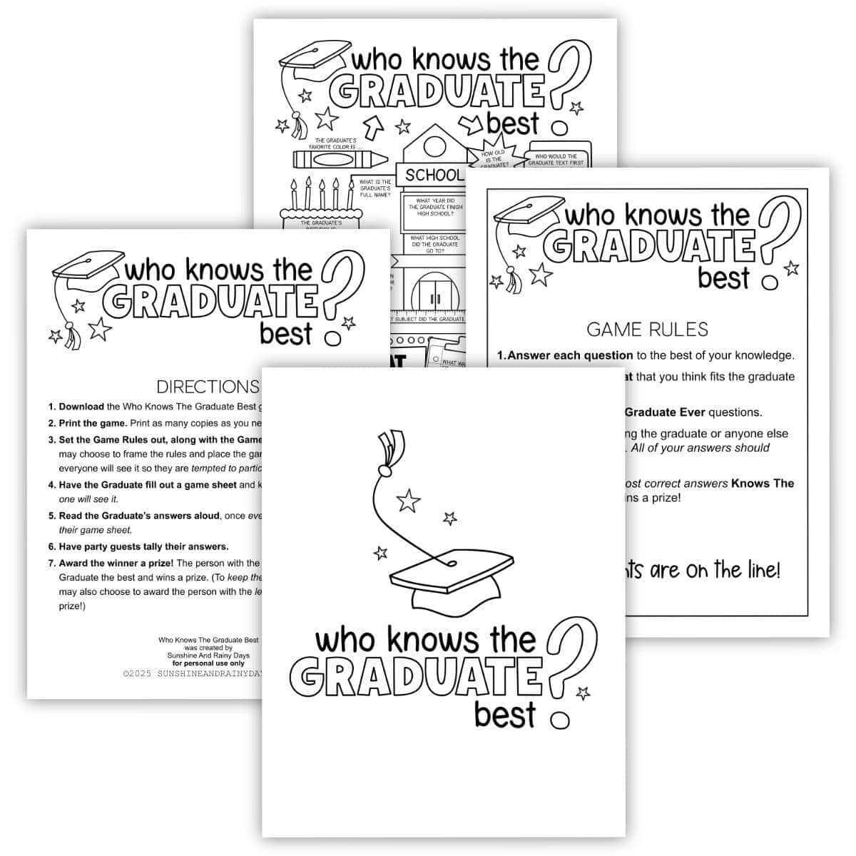 Image of a sign, directions, rules, and a game page for the game Who Knows The Graduate Best.
